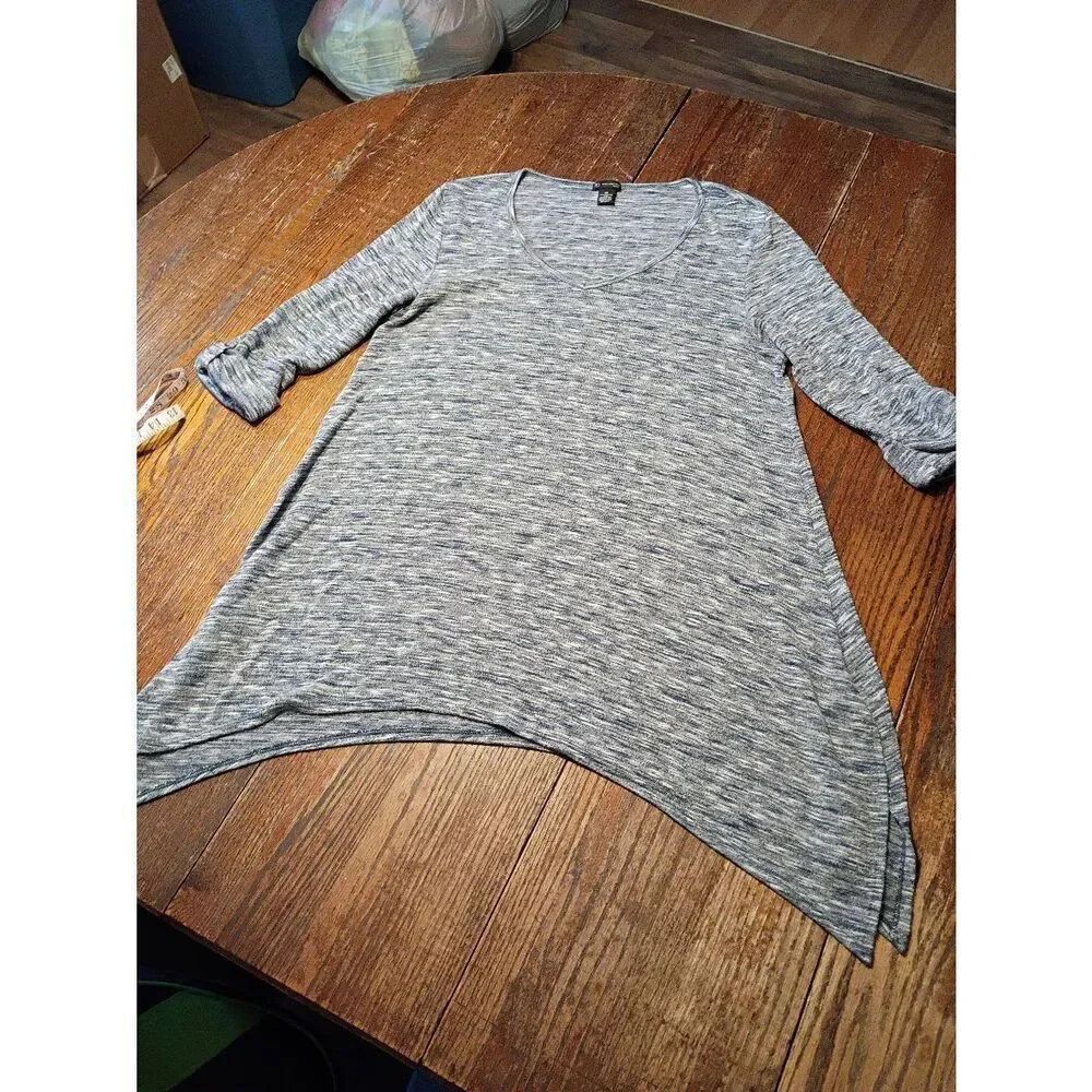 1X New Directions Deep V Neck Blue White Pullover TShirt Mini Dress 3/4 Sleeve